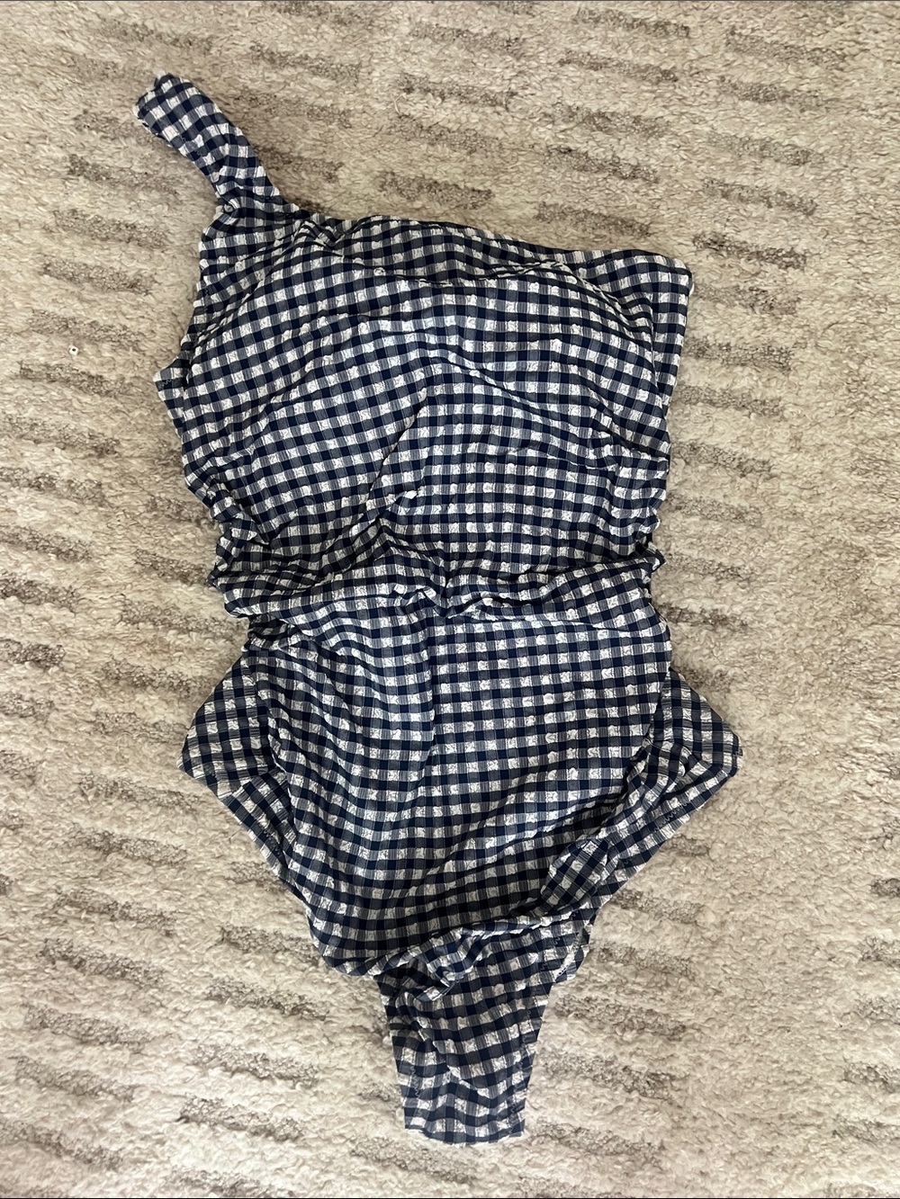 J. Crew Navy and White Gingham One-Shoulder Women’s Swimsuit